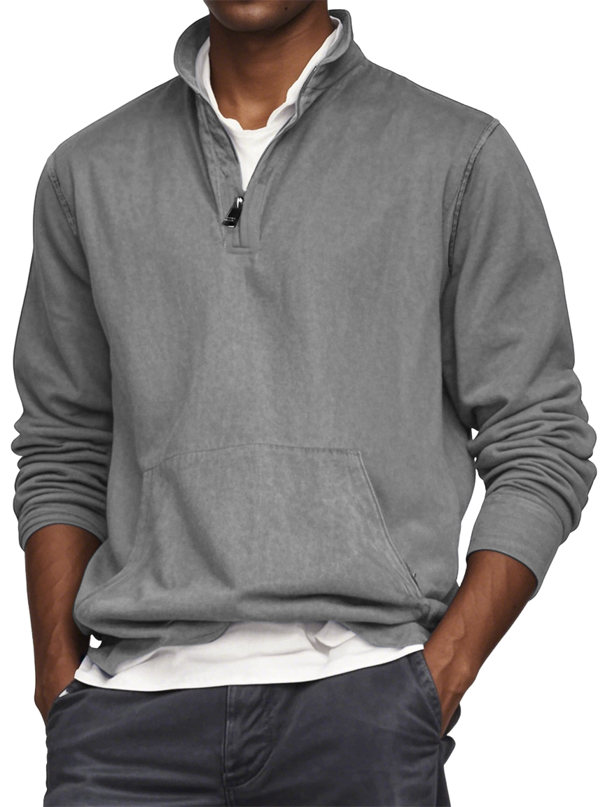 Men's Quarter Zip Pocket Washed Distressed Vintage Long Sleeve T-shirt