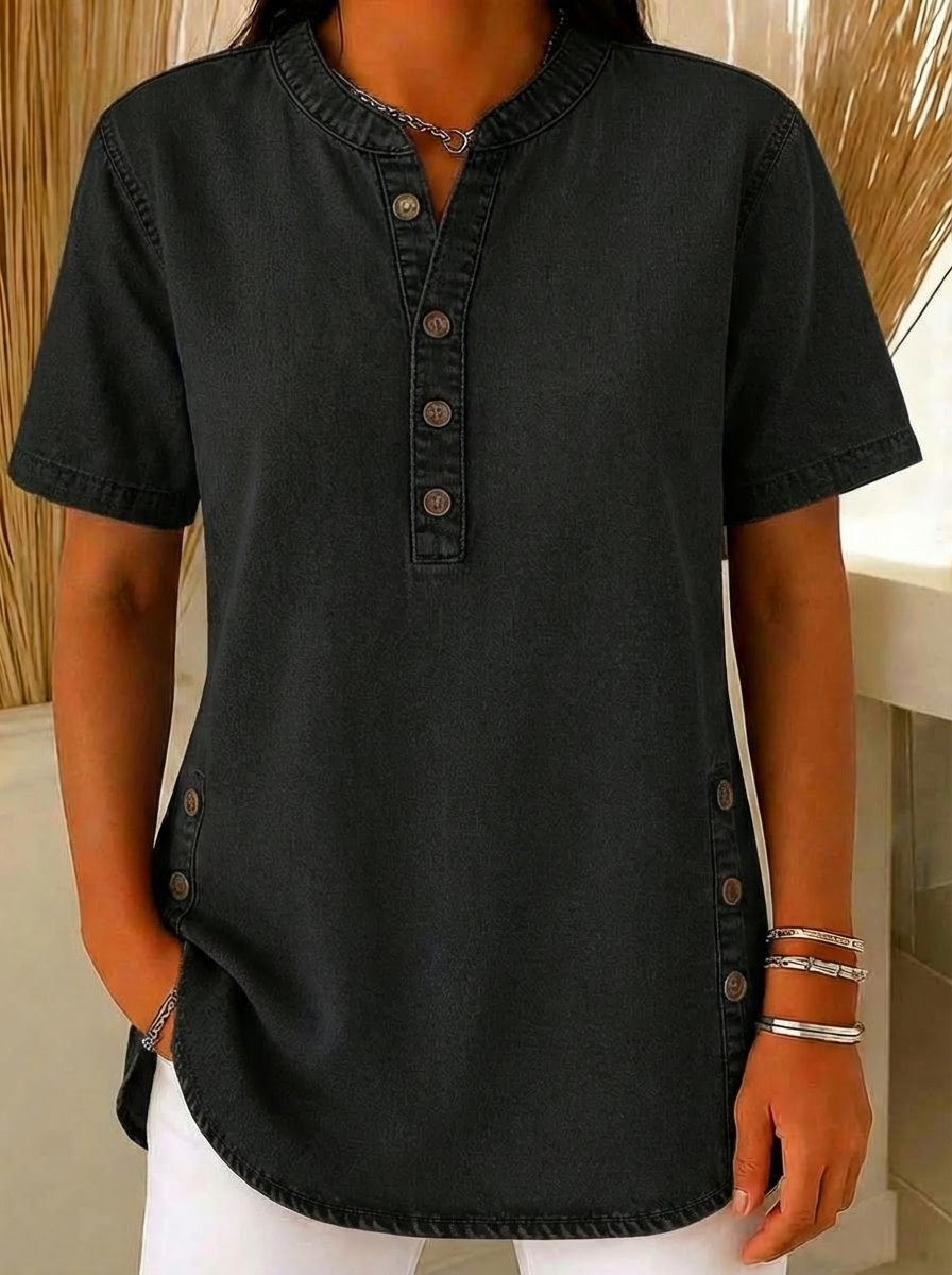 NatureQueens Women's Loose Denim Top - V Neck Short Sleeve Casual Button Up Cotton Blouse