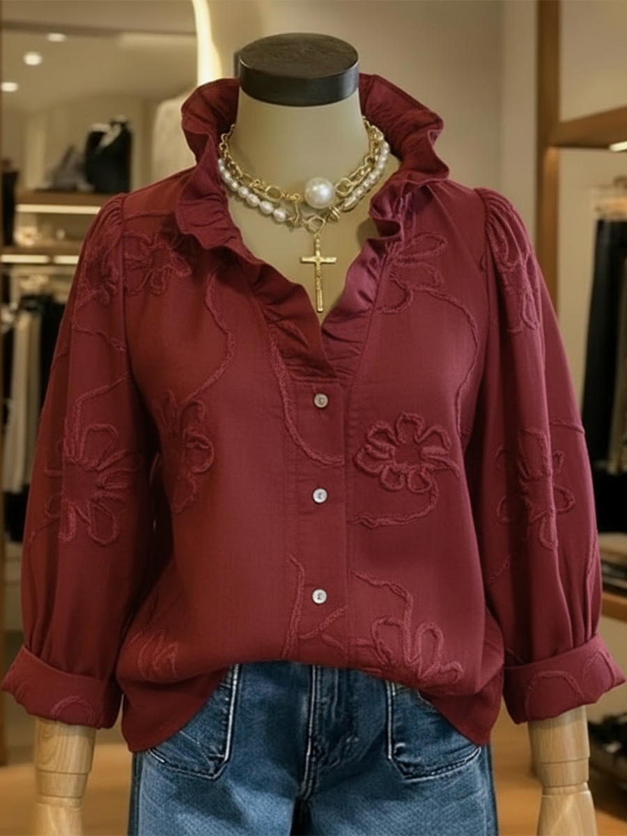 Casual Romantic Ruffled Collar Embroidery Cotton Shirt