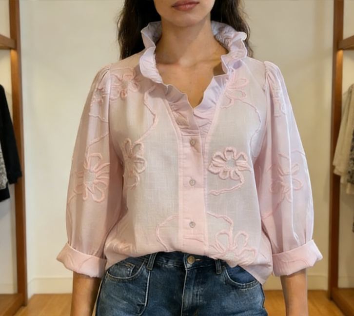 Casual Romantic Ruffled Collar Embroidery Cotton Shirt