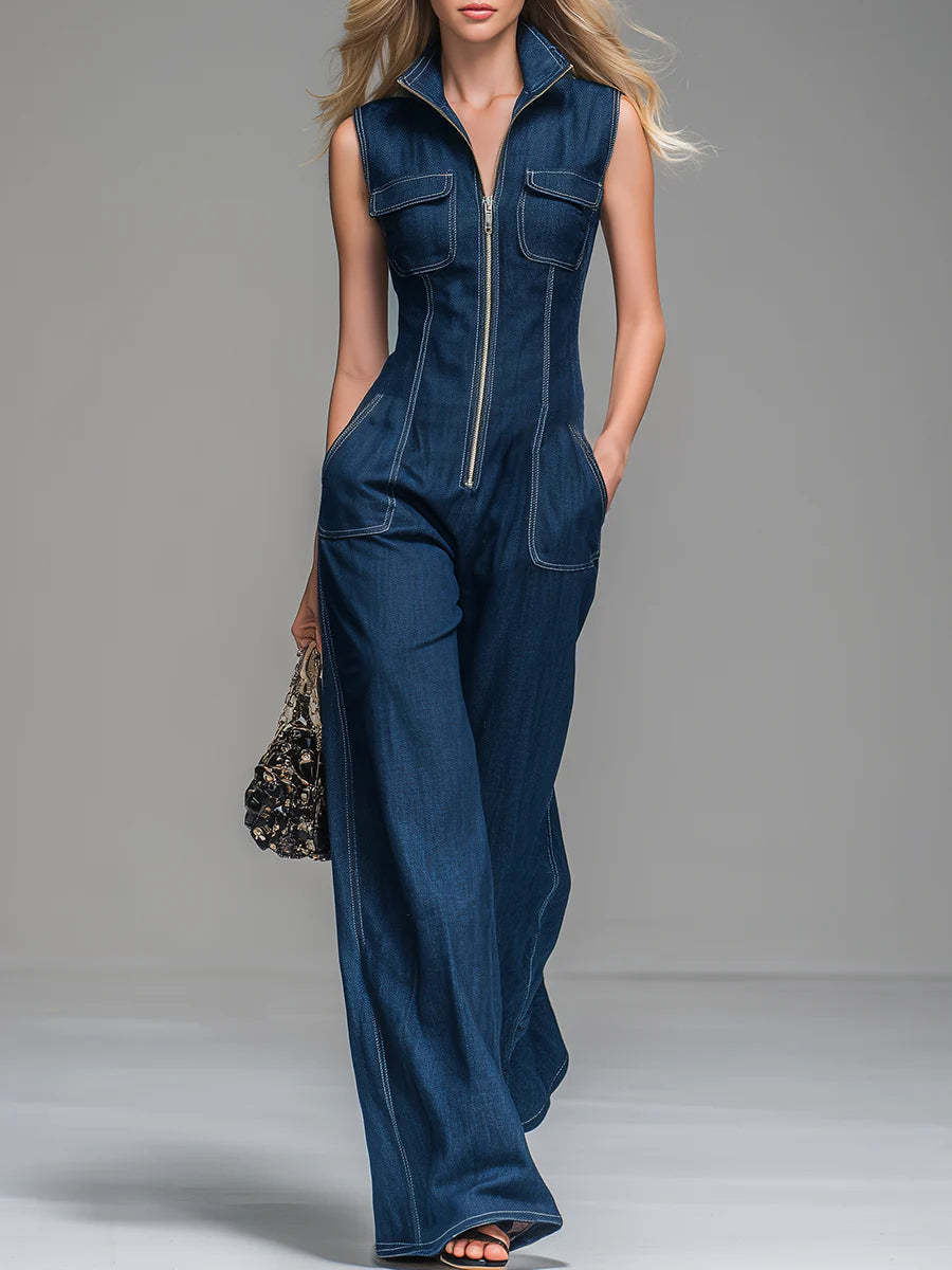 Women's Casual 100% Cotton Zip-up Denim Jumpsuit