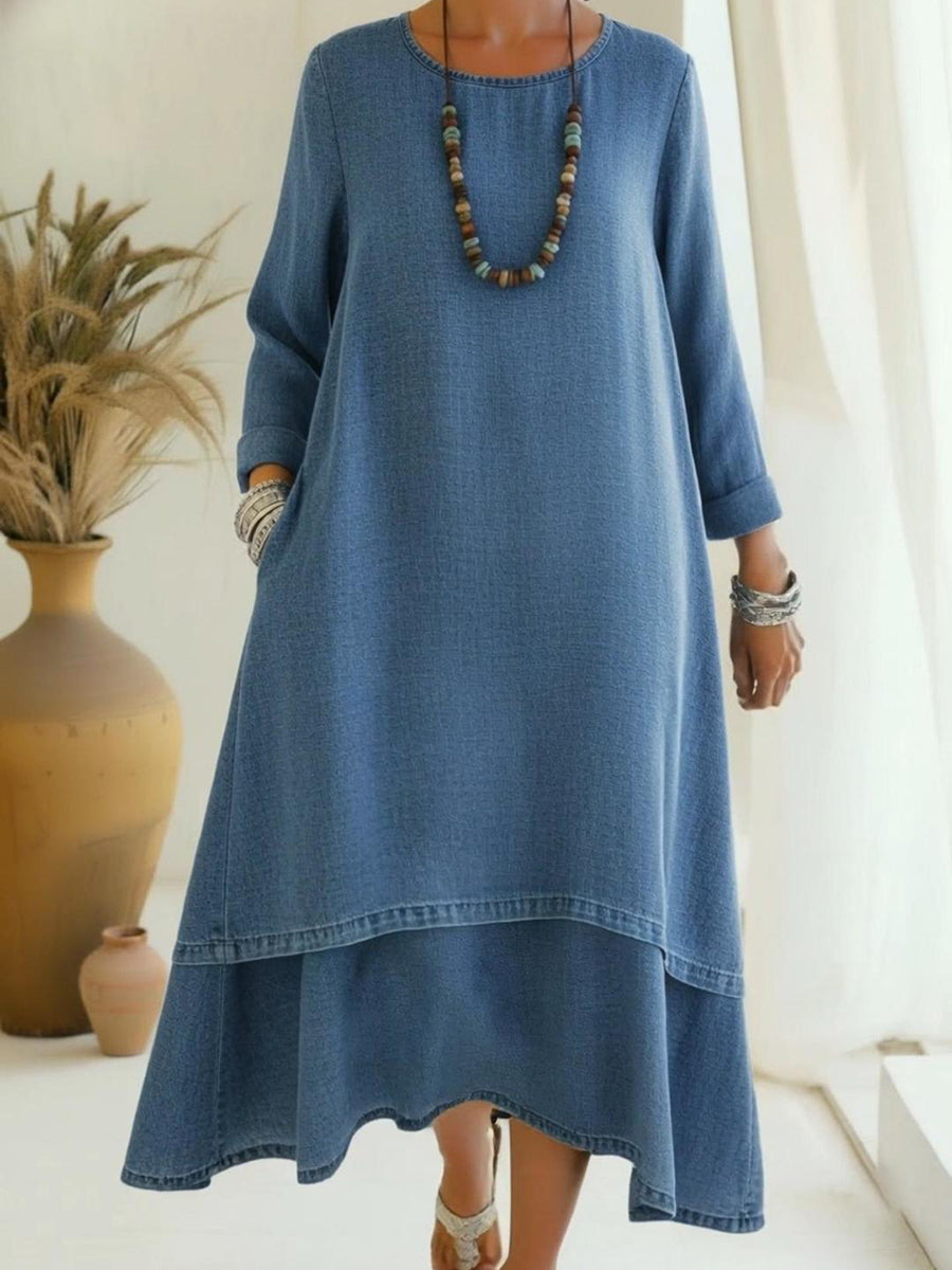 Elegant Double-layered Hem Denim Dress