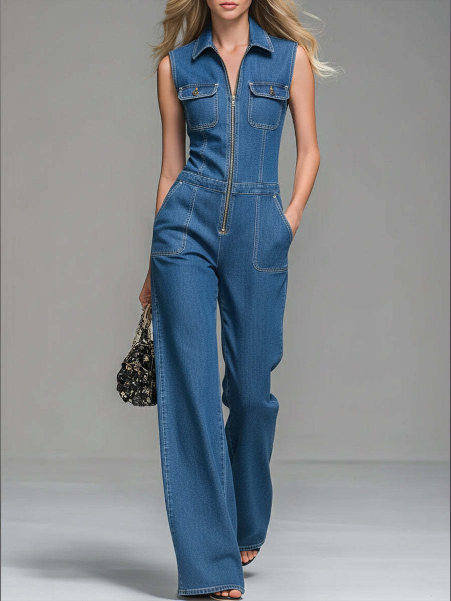 Women's Casual 100% Cotton Zip-up Denim Jumpsuit