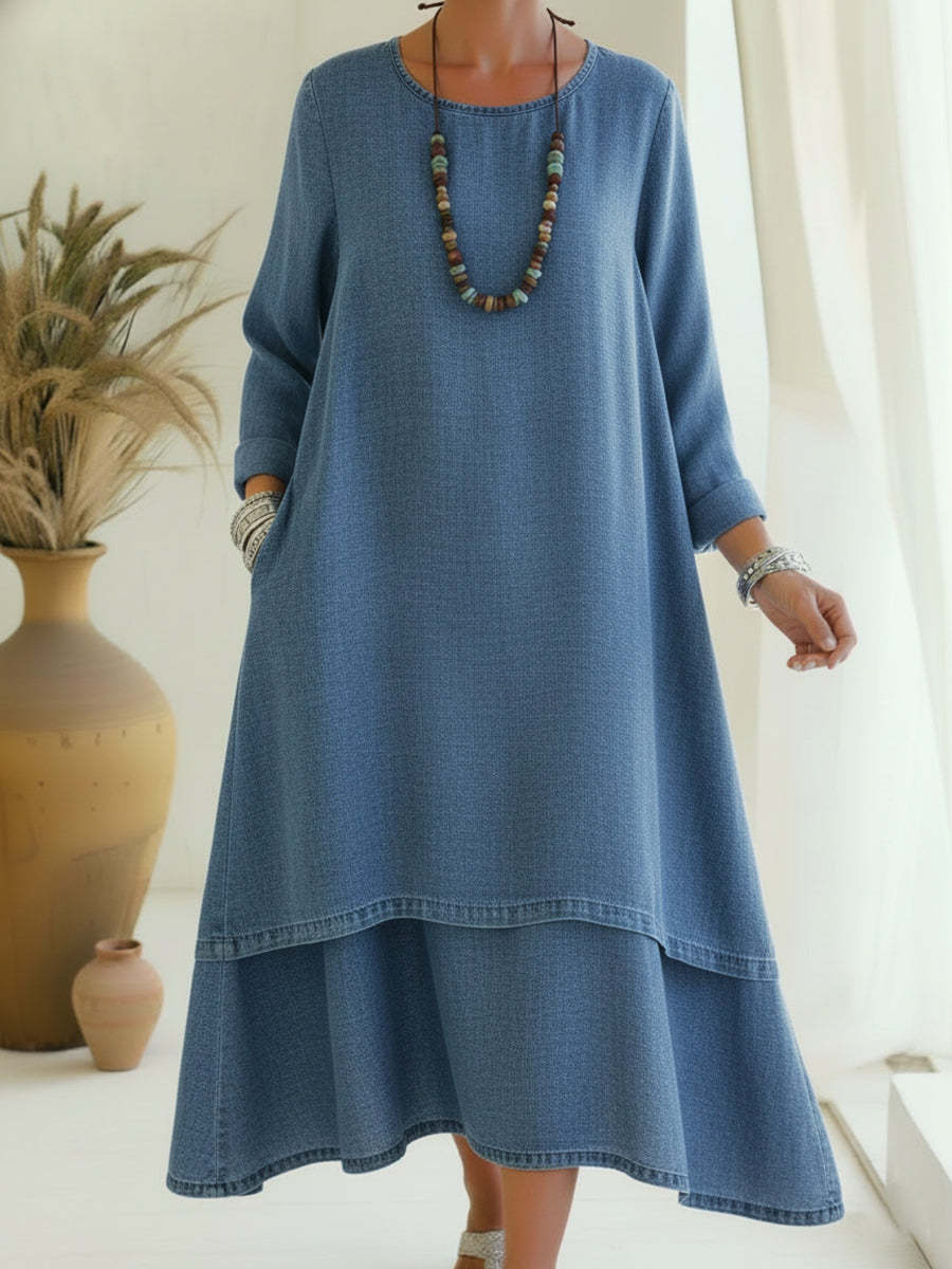Elegant Double-layered Hem Denim Dress