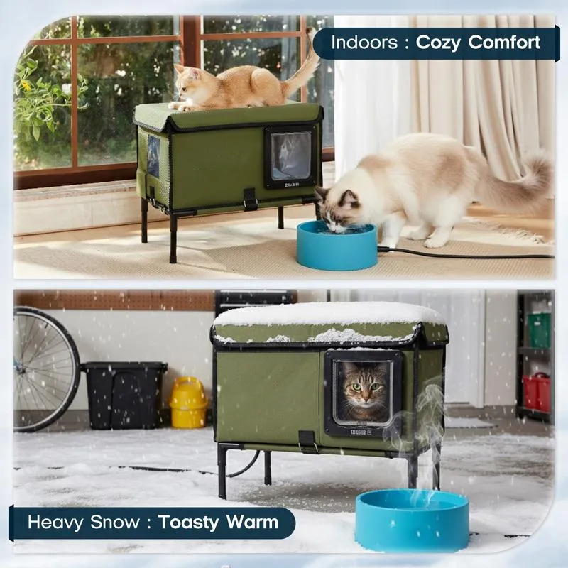 Vagascape Heated Outdoor Cat House, Heated Bowl, Thermostat & Overheat Protection with Auto Shutoff, Warms in ~3s & Energy-Saving – Waterproof, Insulated & Elevated, 12mm Fiberglass Frame, Escape Door & Window, UL-Tested Heating Core