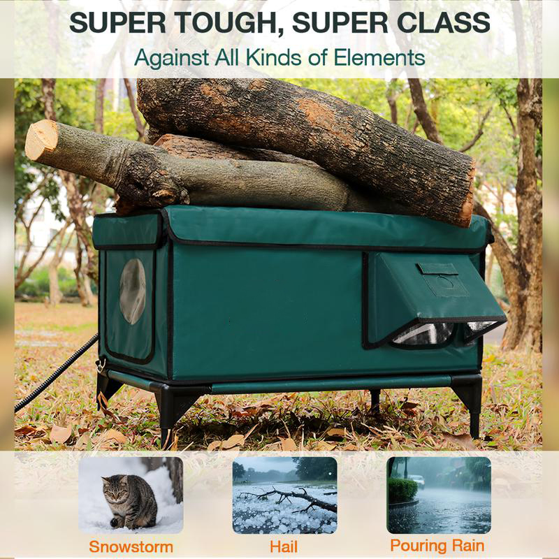 Clawsable Indestructible Heated Cat House for Outdoor Winter, 100% Waterproof, Safe Escape Door, Fully Insulated Outdoor Cat Shelter with Heater for Feral Barn Cats and Kittens