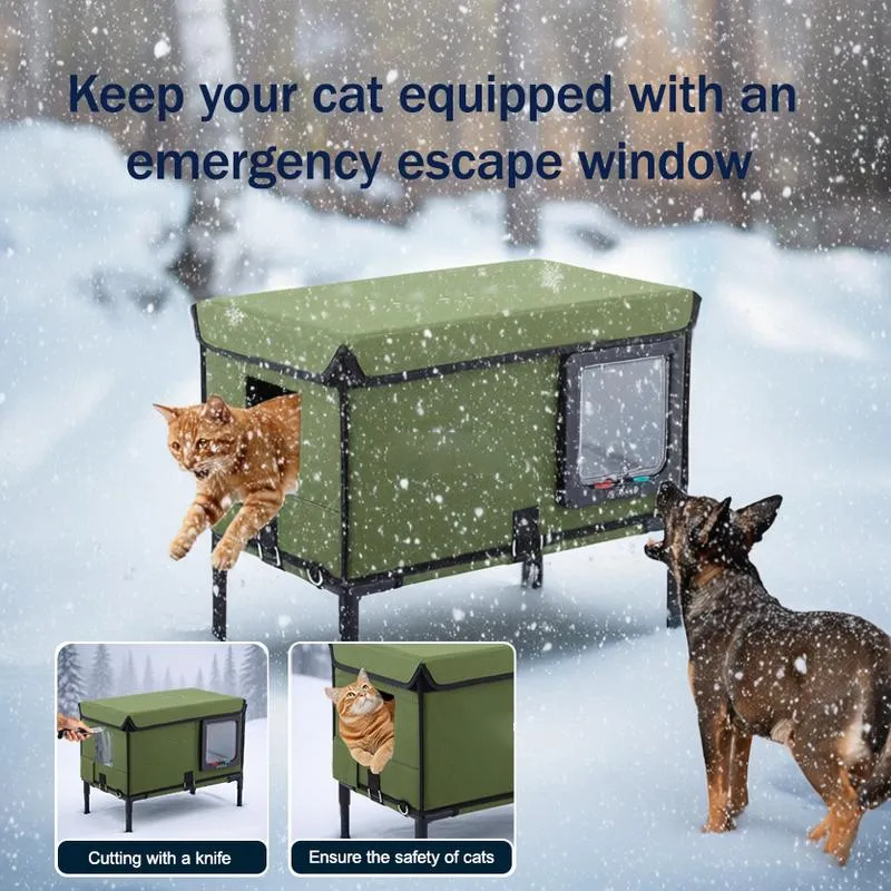 Vagascape Heated Outdoor Cat House, Heated Bowl, Thermostat & Overheat Protection with Auto Shutoff, Warms in ~3s & Energy-Saving – Waterproof, Insulated & Elevated, 12mm Fiberglass Frame, Escape Door & Window, UL-Tested Heating Core