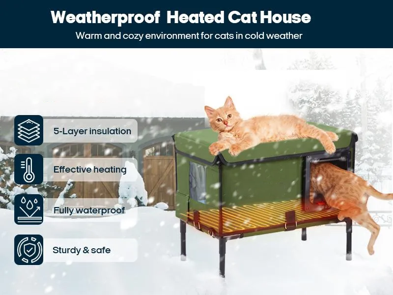 Vagascape Heated Outdoor Cat House, Heated Bowl, Thermostat & Overheat Protection with Auto Shutoff, Warms in ~3s & Energy-Saving – Waterproof, Insulated & Elevated, 12mm Fiberglass Frame, Escape Door & Window, UL-Tested Heating Core