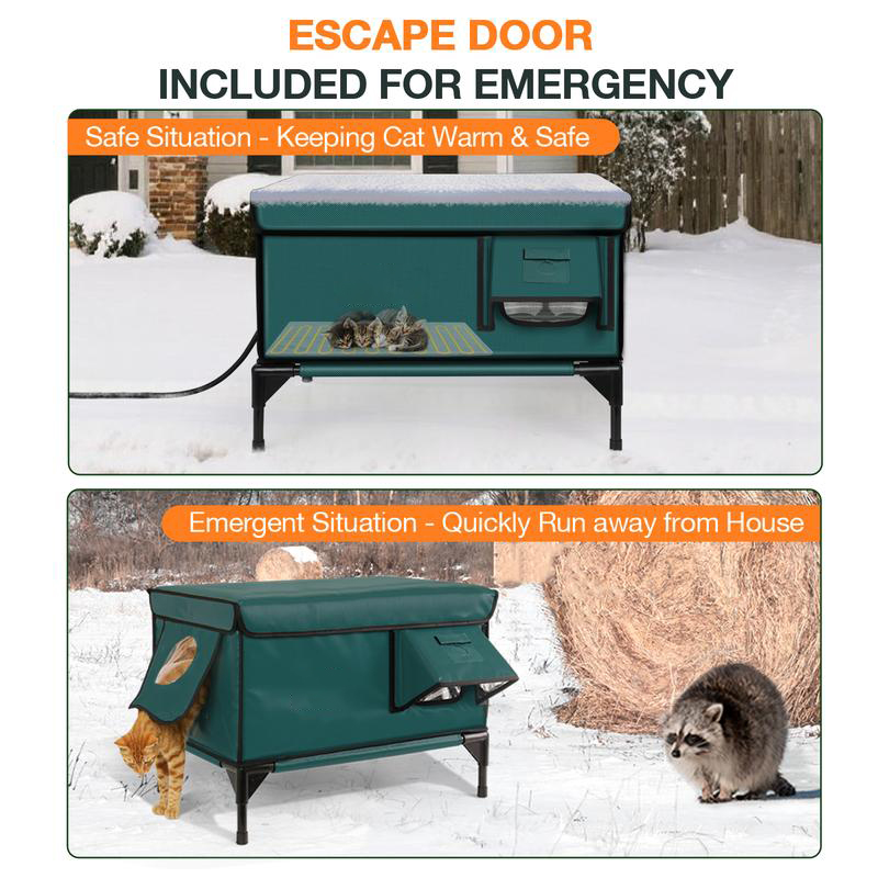 Clawsable Indestructible Heated Cat House for Outdoor Winter, 100% Waterproof, Safe Escape Door, Fully Insulated Outdoor Cat Shelter with Heater for Feral Barn Cats and Kittens