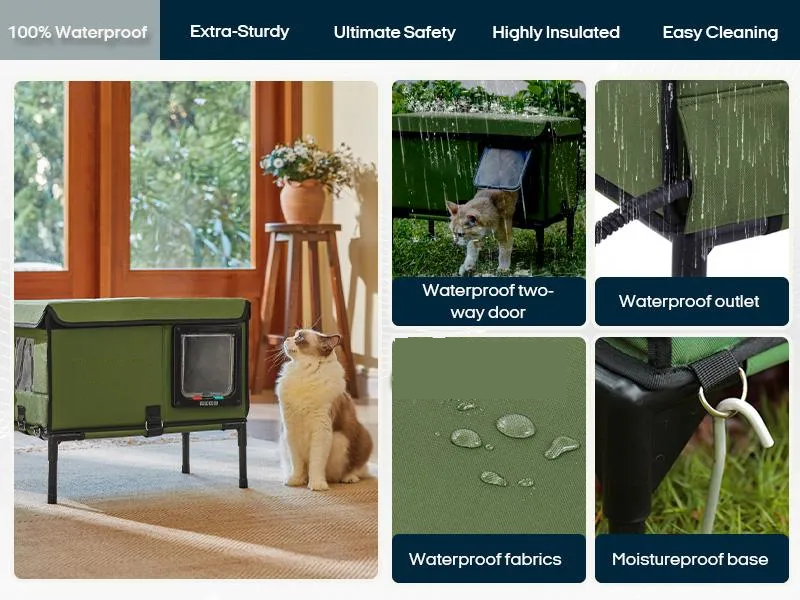 Vagascape Heated Outdoor Cat House, Heated Bowl, Thermostat & Overheat Protection with Auto Shutoff, Warms in ~3s & Energy-Saving – Waterproof, Insulated & Elevated, 12mm Fiberglass Frame, Escape Door & Window, UL-Tested Heating Core