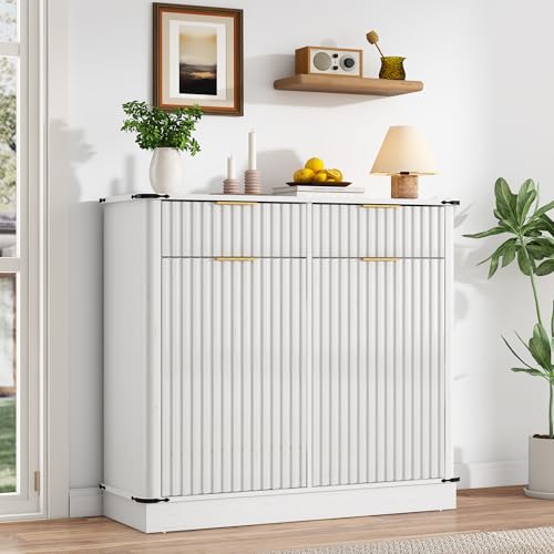 chartustriable Double Tilt Out Fluted Trash Cabinet with 2 Drawers and Charging Station 20 Gallon