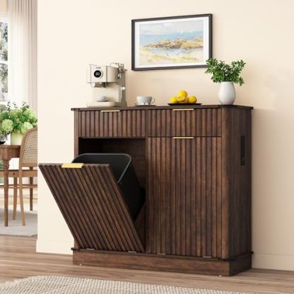 chartustriable Double Tilt Out Fluted Trash Cabinet with 2 Drawers and Charging Station 20 Gallon