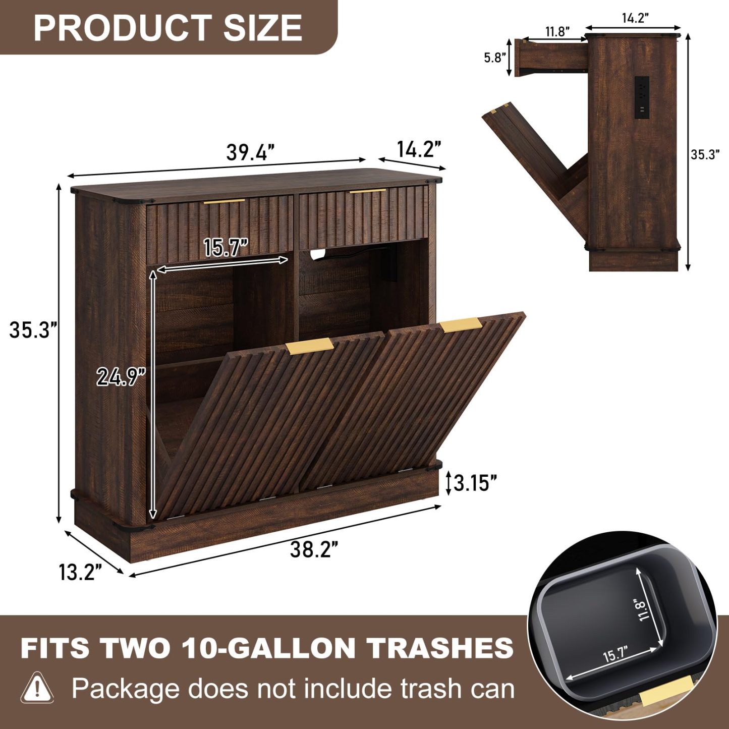 chartustriable Double Tilt Out Fluted Trash Cabinet with 2 Drawers and Charging Station 20 Gallon