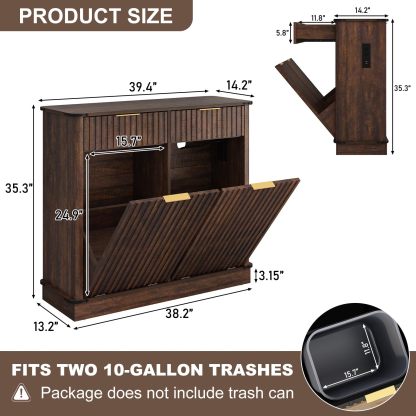 chartustriable Double Tilt Out Fluted Trash Cabinet with 2 Drawers and Charging Station 20 Gallon