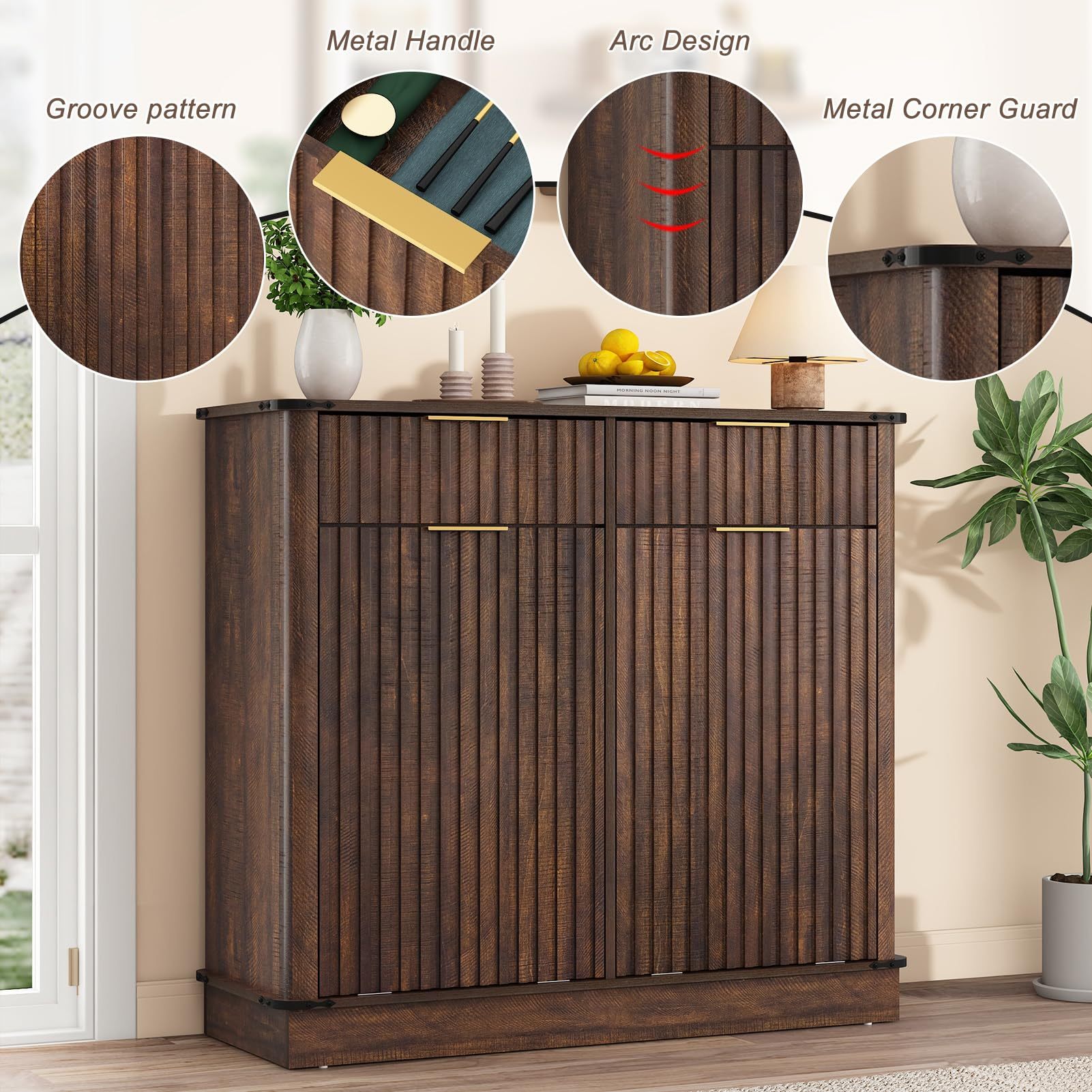 chartustriable Double Tilt Out Fluted Trash Cabinet with 2 Drawers and Charging Station 20 Gallon