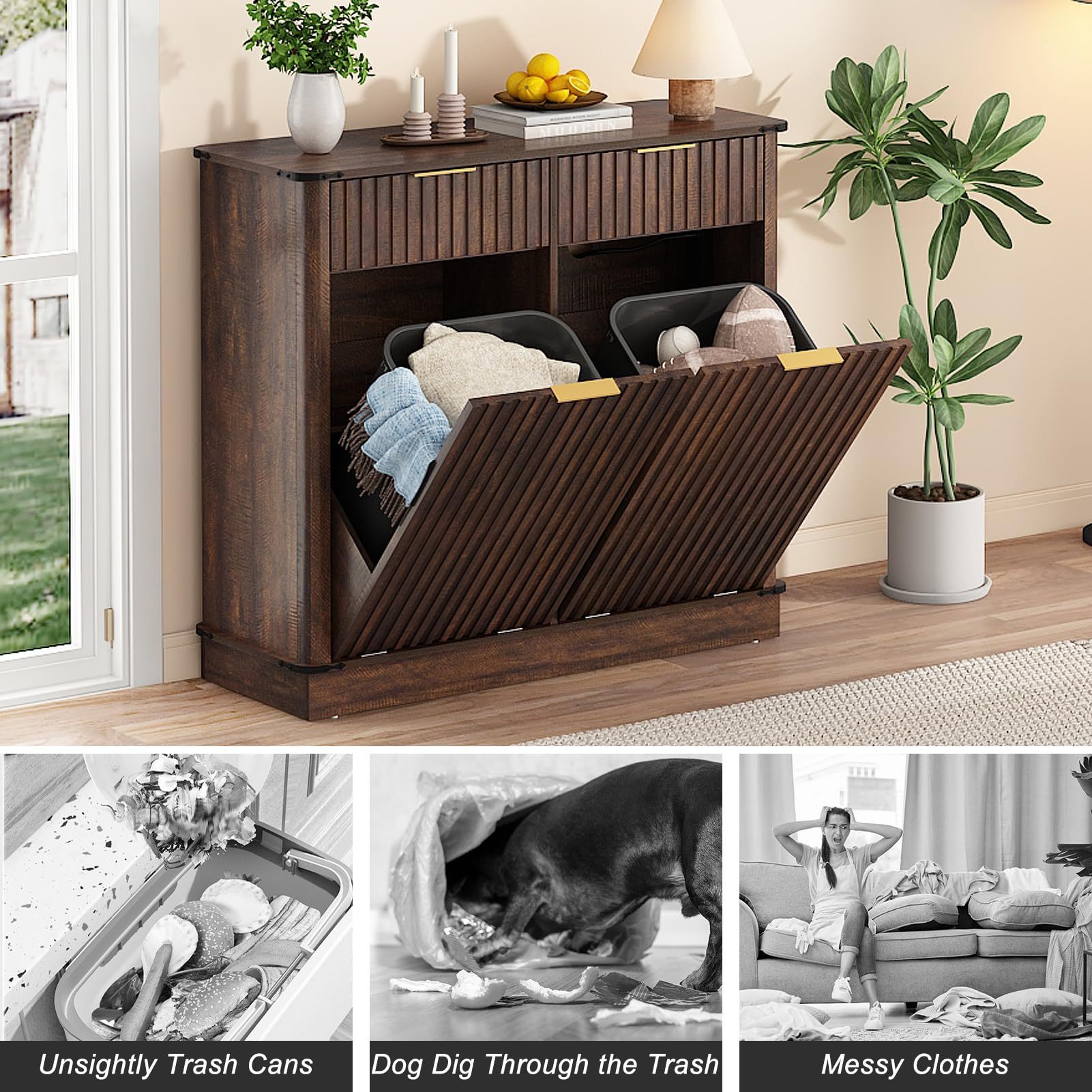 chartustriable Double Tilt Out Fluted Trash Cabinet with 2 Drawers and Charging Station 20 Gallon