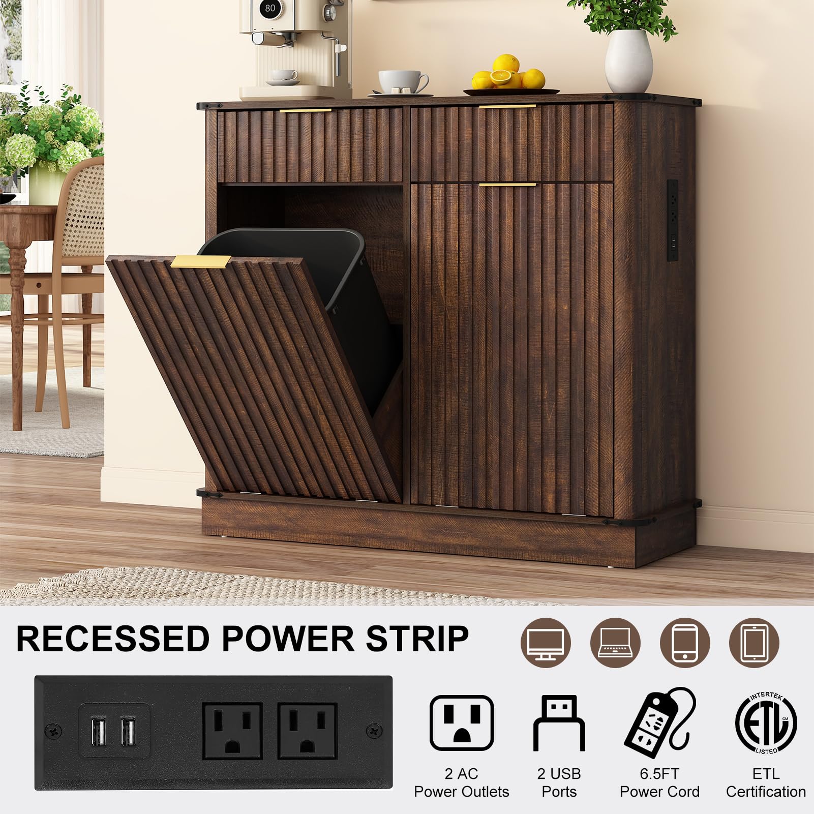 chartustriable Double Tilt Out Fluted Trash Cabinet with 2 Drawers and Charging Station 20 Gallon
