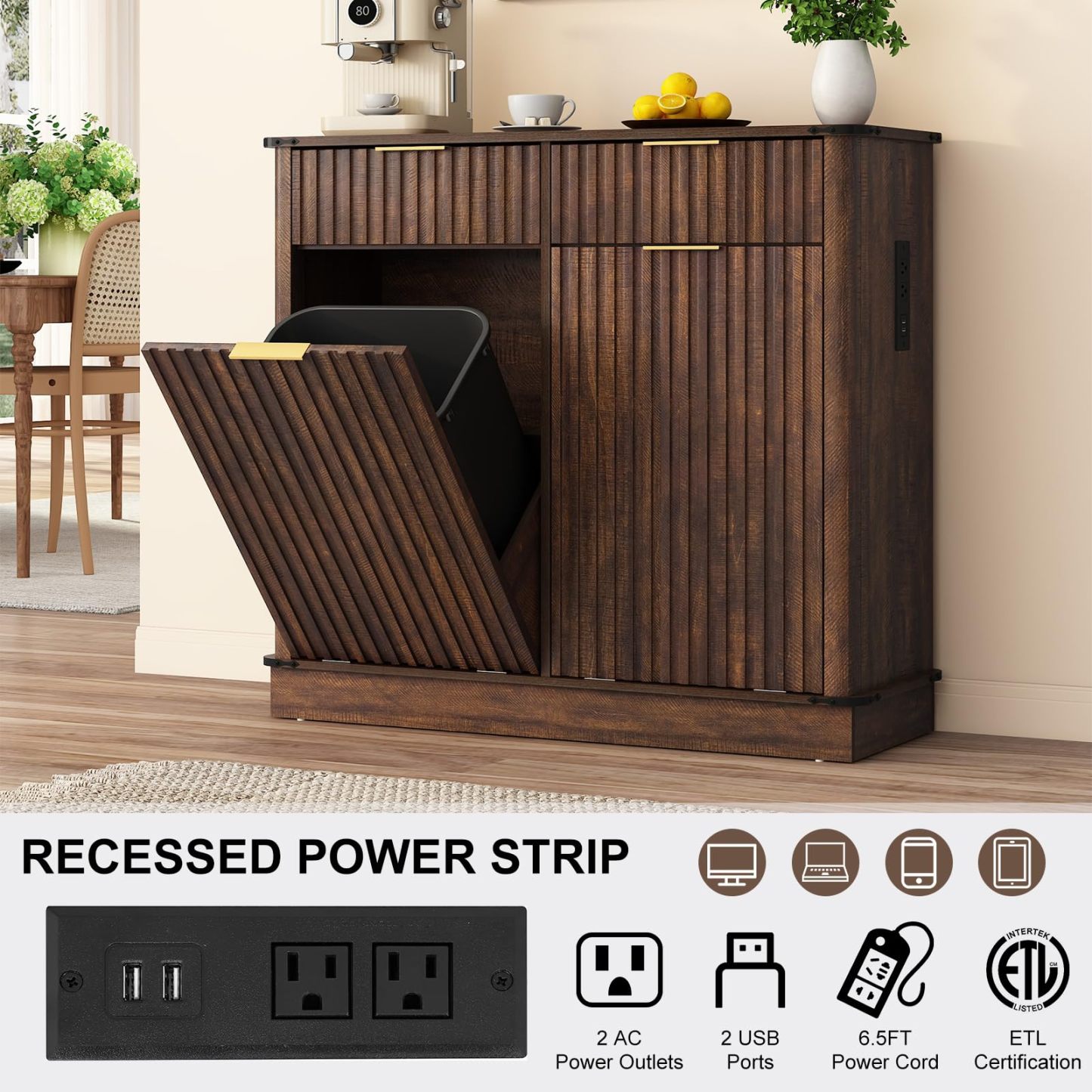 chartustriable Double Tilt Out Fluted Trash Cabinet with 2 Drawers and Charging Station 20 Gallon