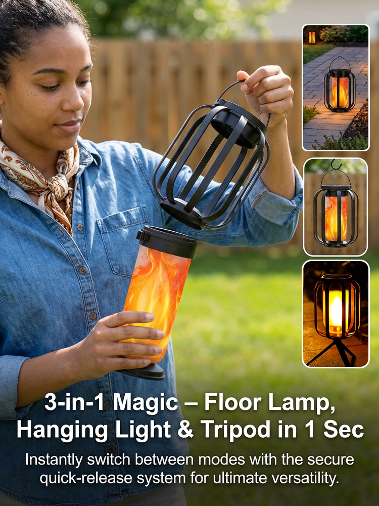 ✨【No Wiring or Tools Needed】3-in-1 Solar Flame Light | Ground, Hanging & Tripod Outdoor Lamp All-in-One✨