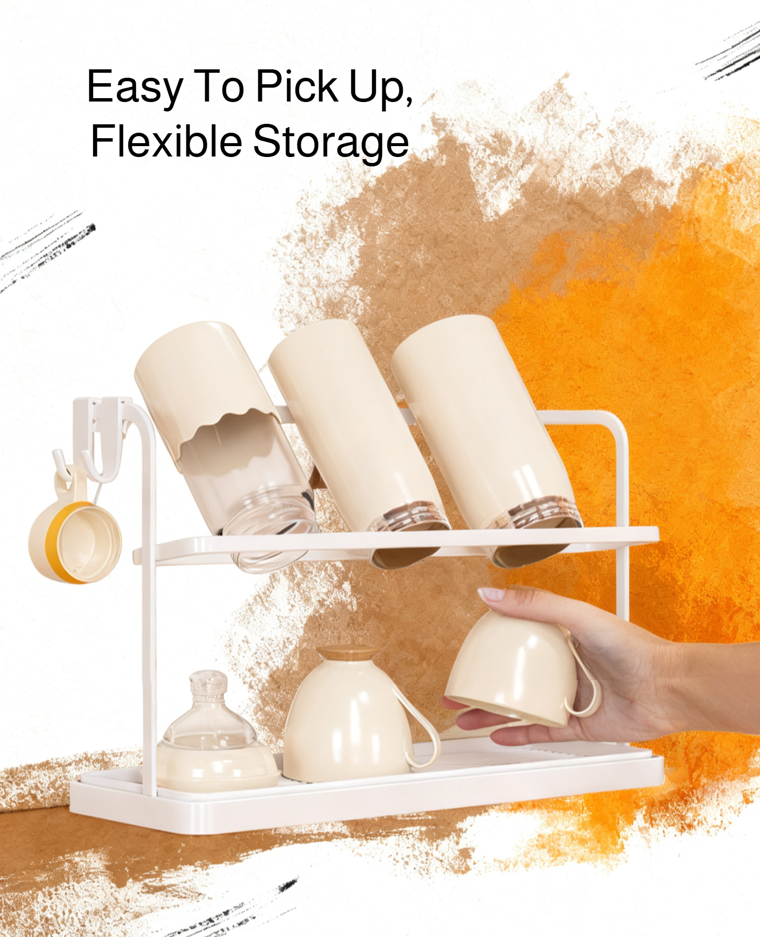 Cup organizer shelf maximizes countertop space