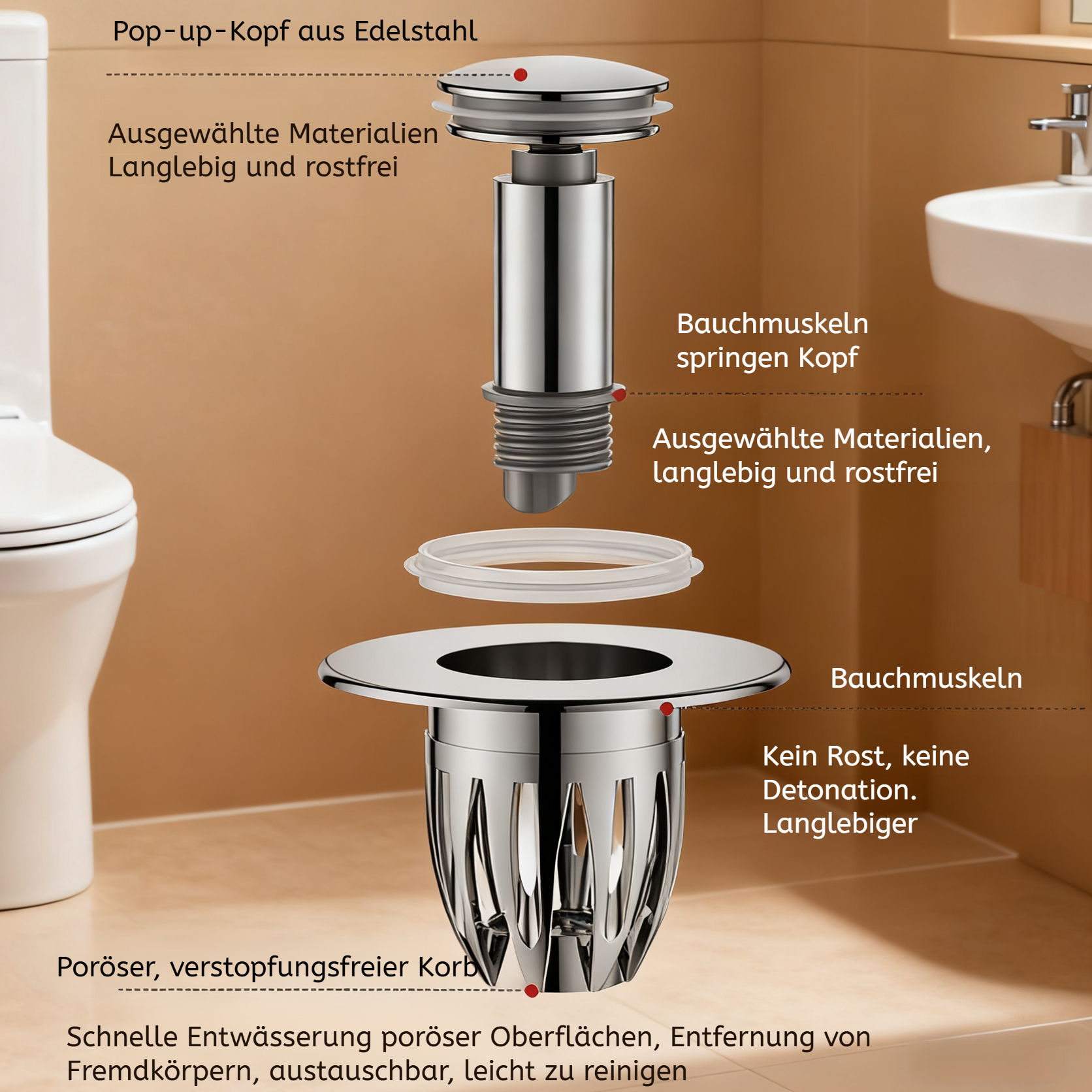 Waschbecken Abflussventil mit Pop-up-Funktion, Geruchsfilter und Zubehör