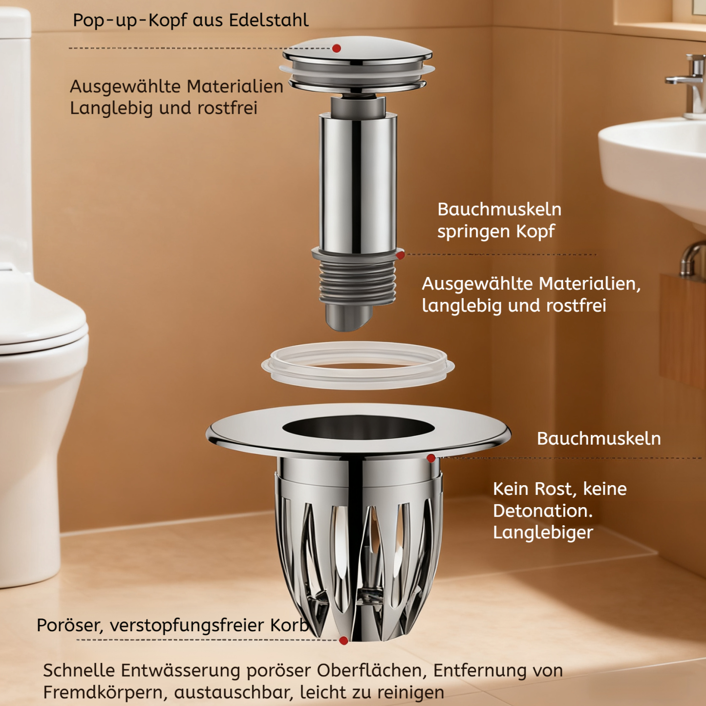 Waschbecken Abflussventil mit Pop-up-Funktion, Geruchsfilter und Zubehör