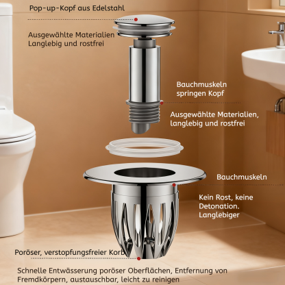 Waschbecken Abflussventil mit Pop-up-Funktion, Geruchsfilter und Zubehör