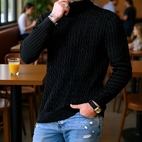 Férfi magas nyakú fonott mintás pulóver elölről