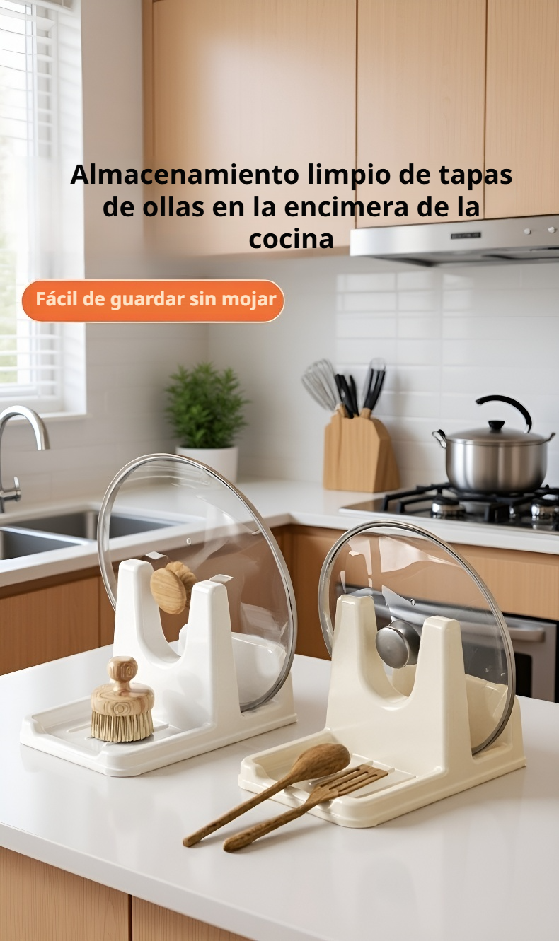 Soporte multifuncional para tapa de olla en cocina moderna