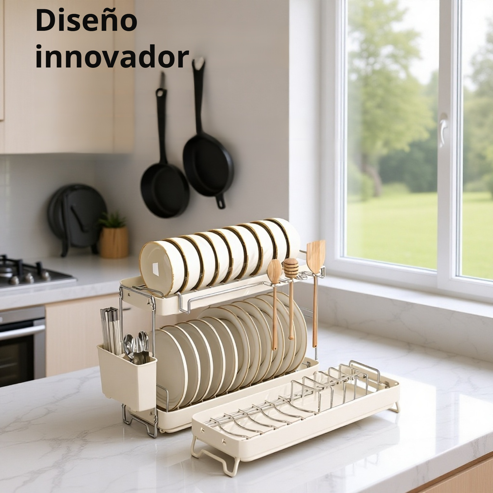 Detalle del escurridor de cuencos en acero inoxidable