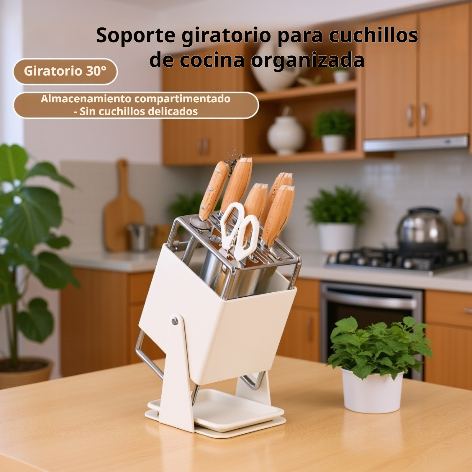 Estante giratorio para cuchillos de cocina en encimera moderna