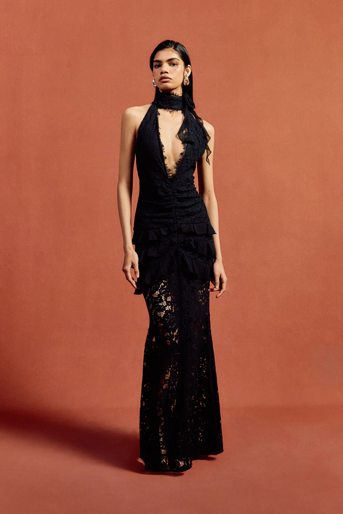 Adela Deep V halter neck lace maxi dress