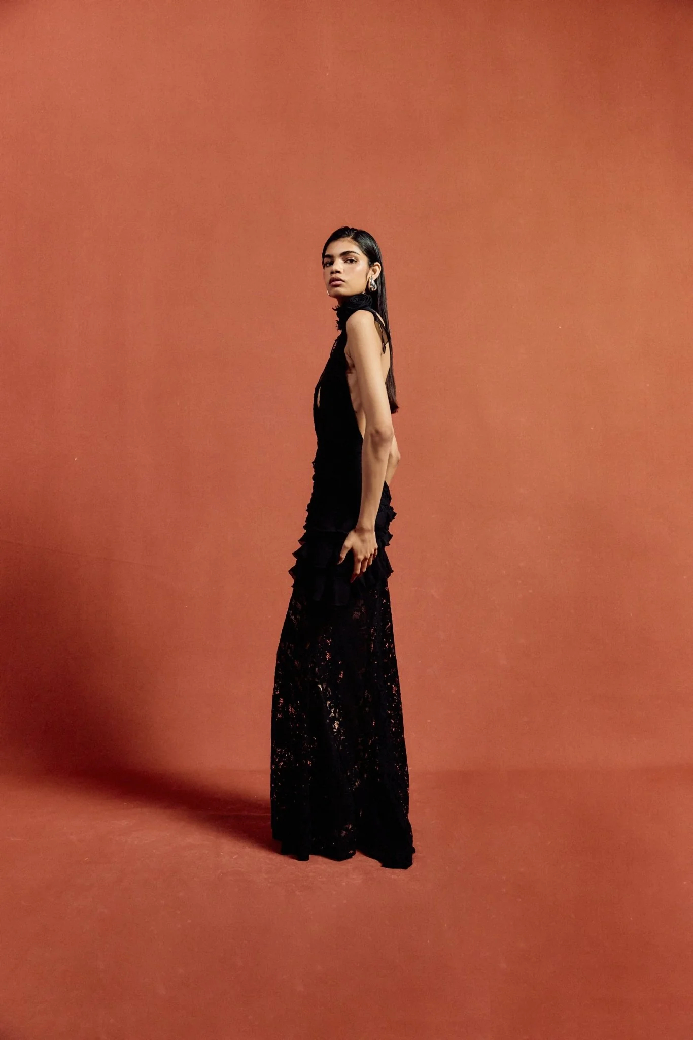 Adela Deep V halter neck lace maxi dress