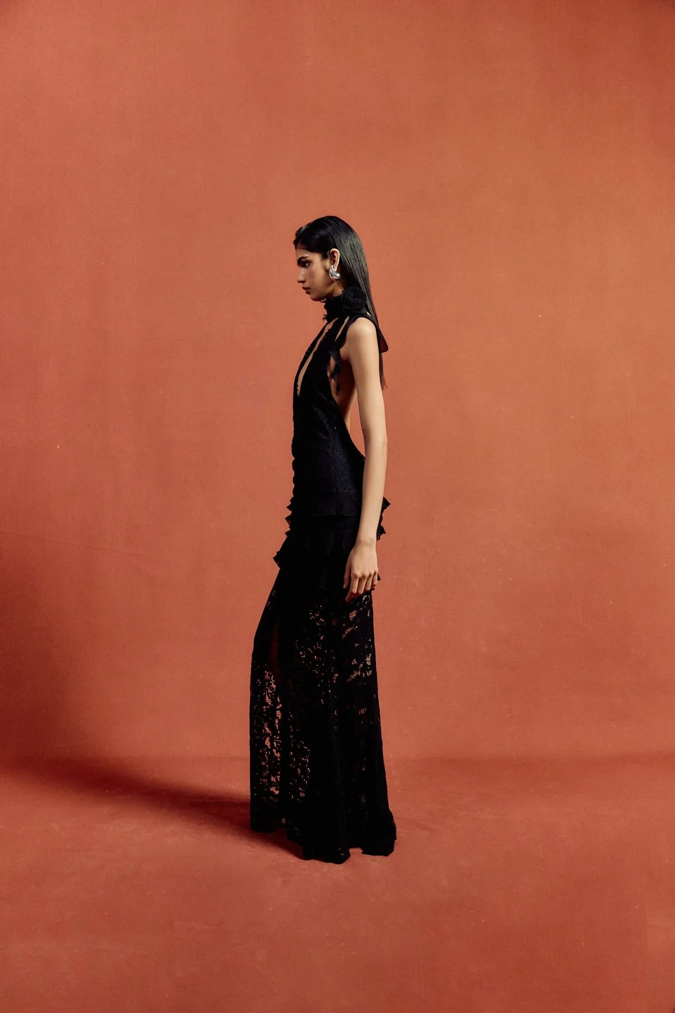 Adela Deep V halter neck lace maxi dress