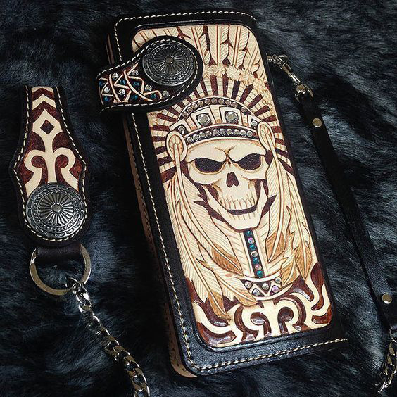 Tribal Indian Chief Skull Engraved Handcrafted Leather Long Wallet
