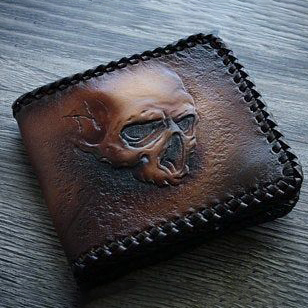 Gothic Hand-Carved 3D Skull Genuine Leather Biker Bifold Wallet