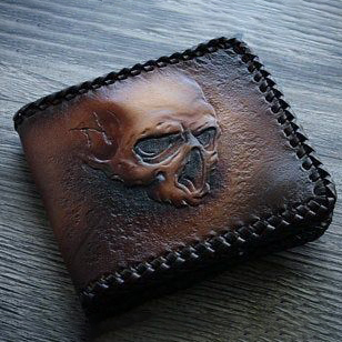 Gothic Hand-Carved 3D Skull Genuine Leather Biker Bifold Wallet