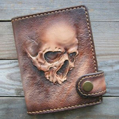Gothic Hand-Carved 3D Skull Embossed Snap Button Leather Wallet