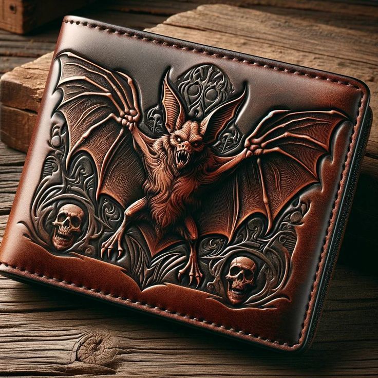 Gothic Hand Carved Bat and Skull Embossed Genuine Leather Wallet