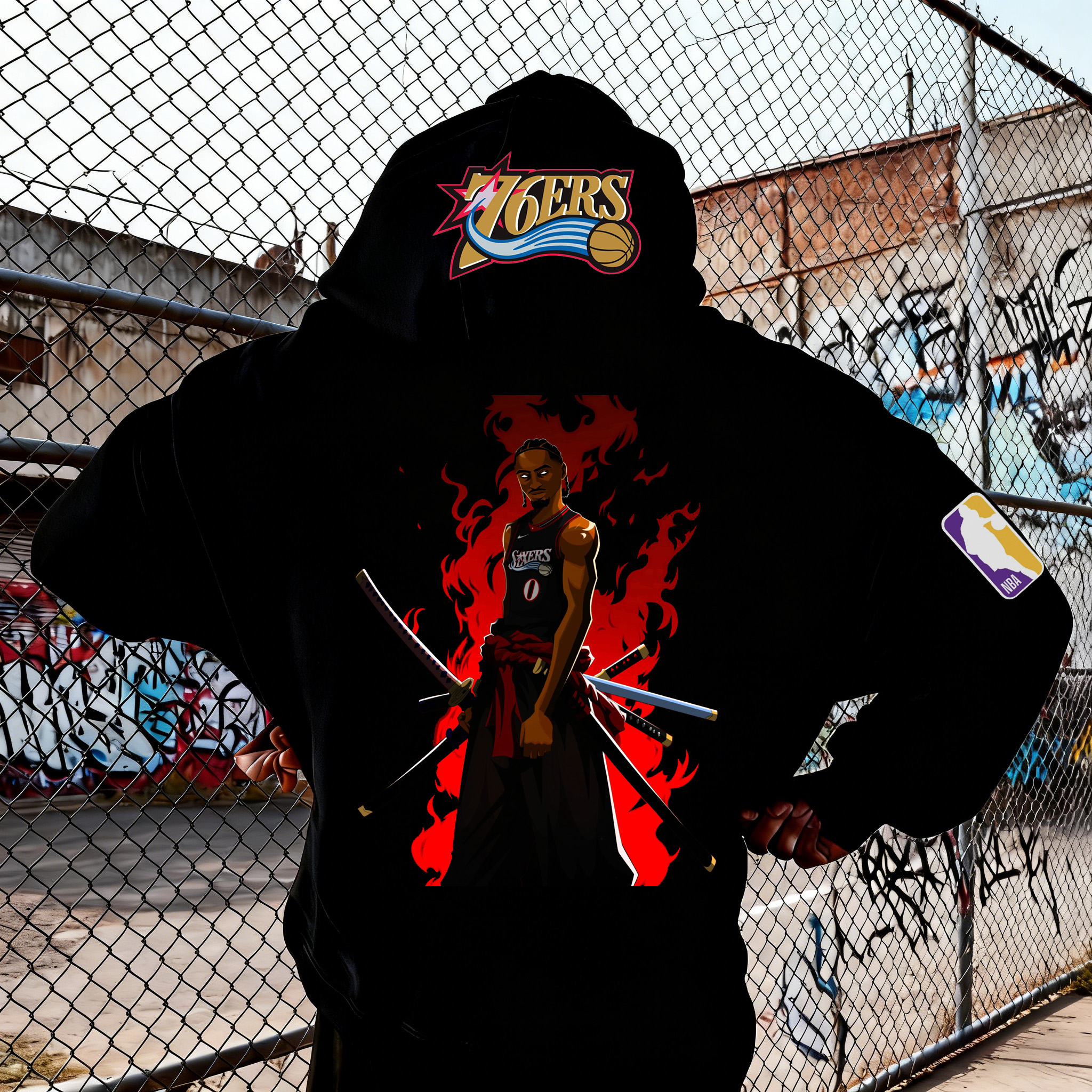Streetwear Anime Samurai Basketball Graphic Print Pullover Hoodie