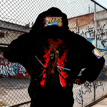 Streetwear Anime Samurai Basketball Graphic Print Pullover Hoodie