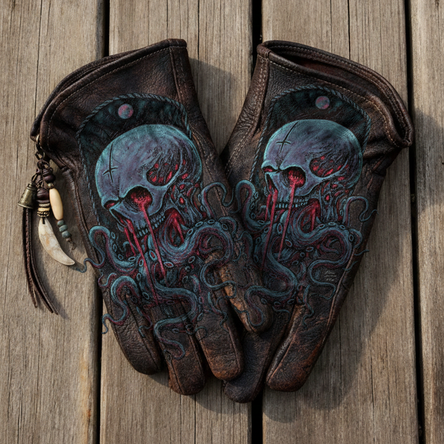 Dark Fantasy Eldritch Horror Octopus Skull Distressed Leather Gloves