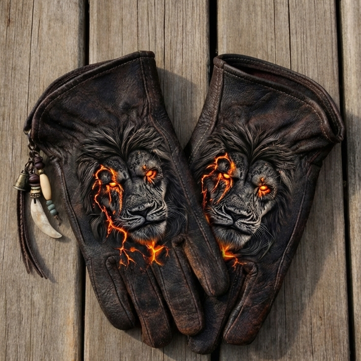 Primal Fantasy Magma Lion Head Distressed Brown Leather Gloves