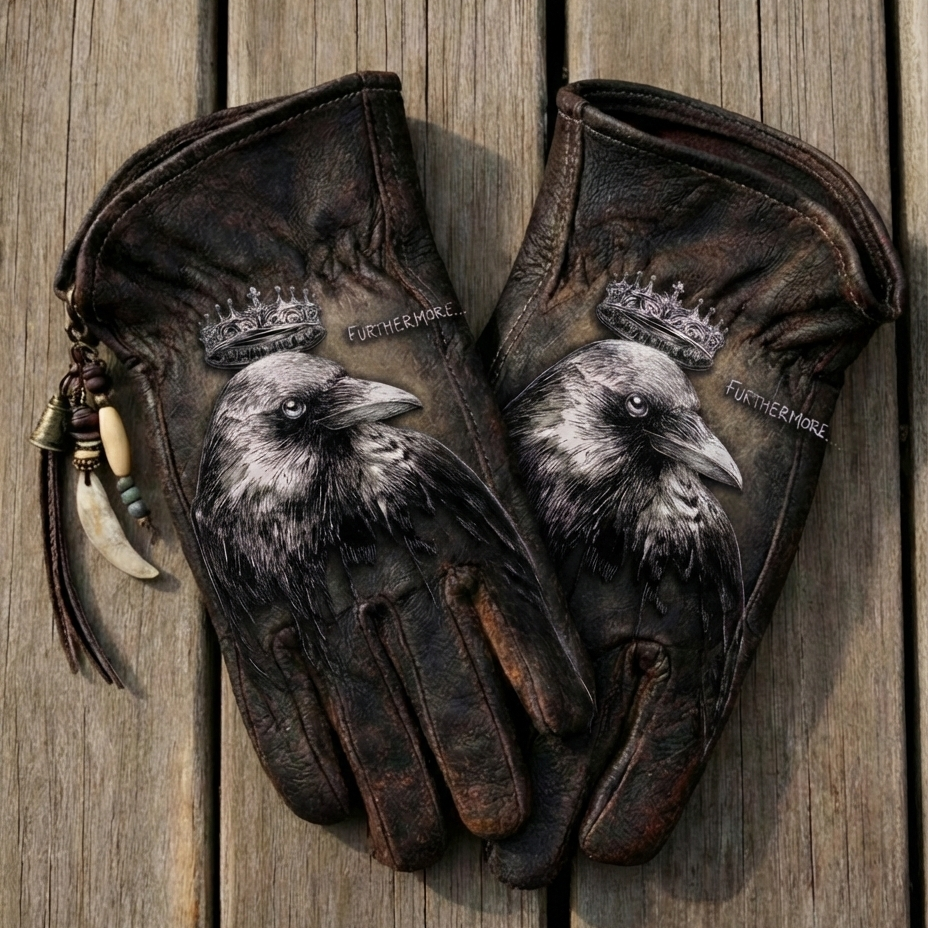 Gothic Noir Style Crow King Graphic Distressed Leather Gloves