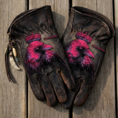 Gothic Noir Style Crow King Graphic Distressed Leather Gloves