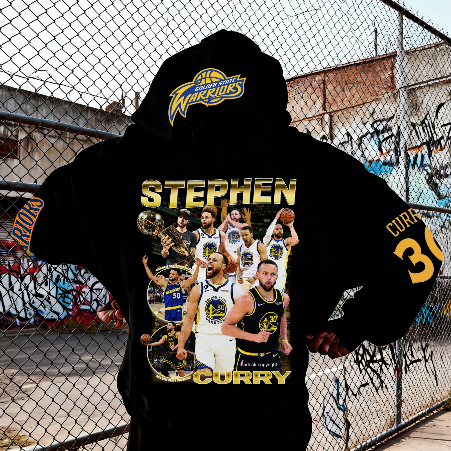 Throwback GSW Curry Basketball Star Black Graphic Hoodie