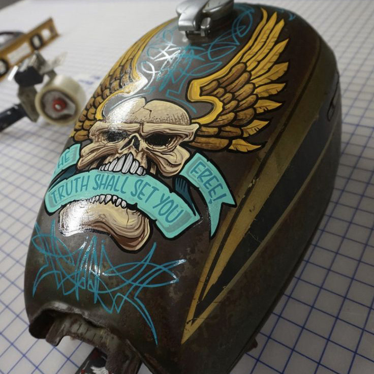 Vintage Retro Winged Skull with Pinstripe Motorcycle Gas Tank Decal
