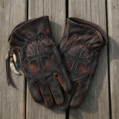 Gothic Vibe Dark Distressed Leather Embroidered Cross Gloves