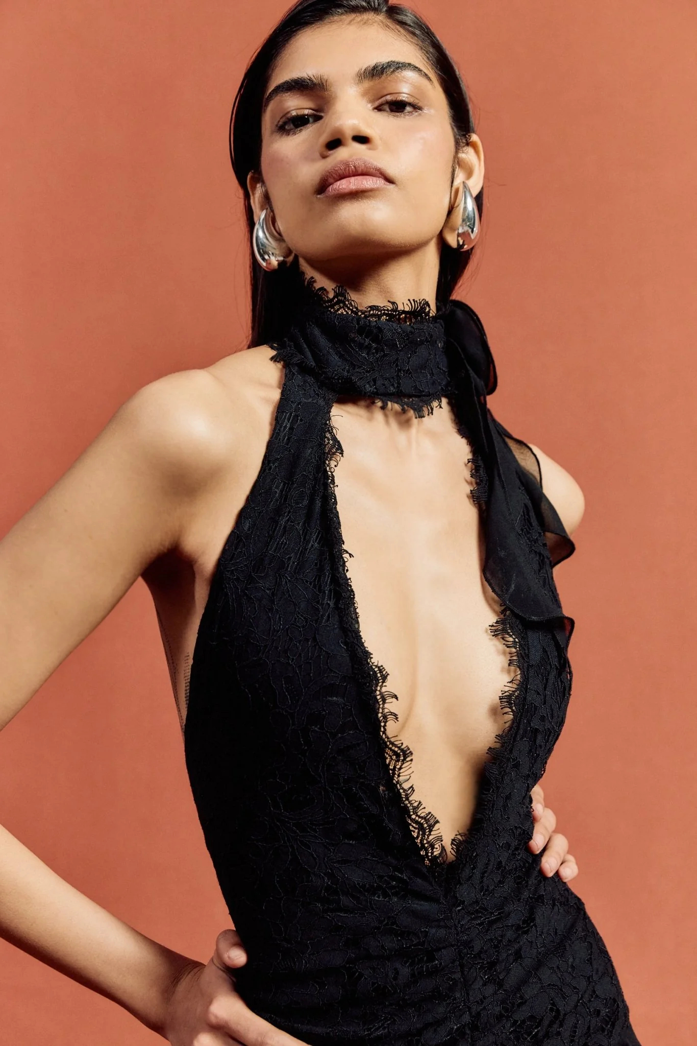 Adela Deep V halter neck lace maxi dress