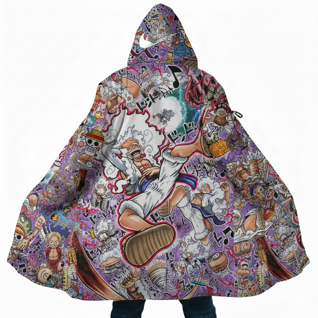 Streetwear Anime Gear 5 Luffy Manga Collage Printed Hooded Cloak